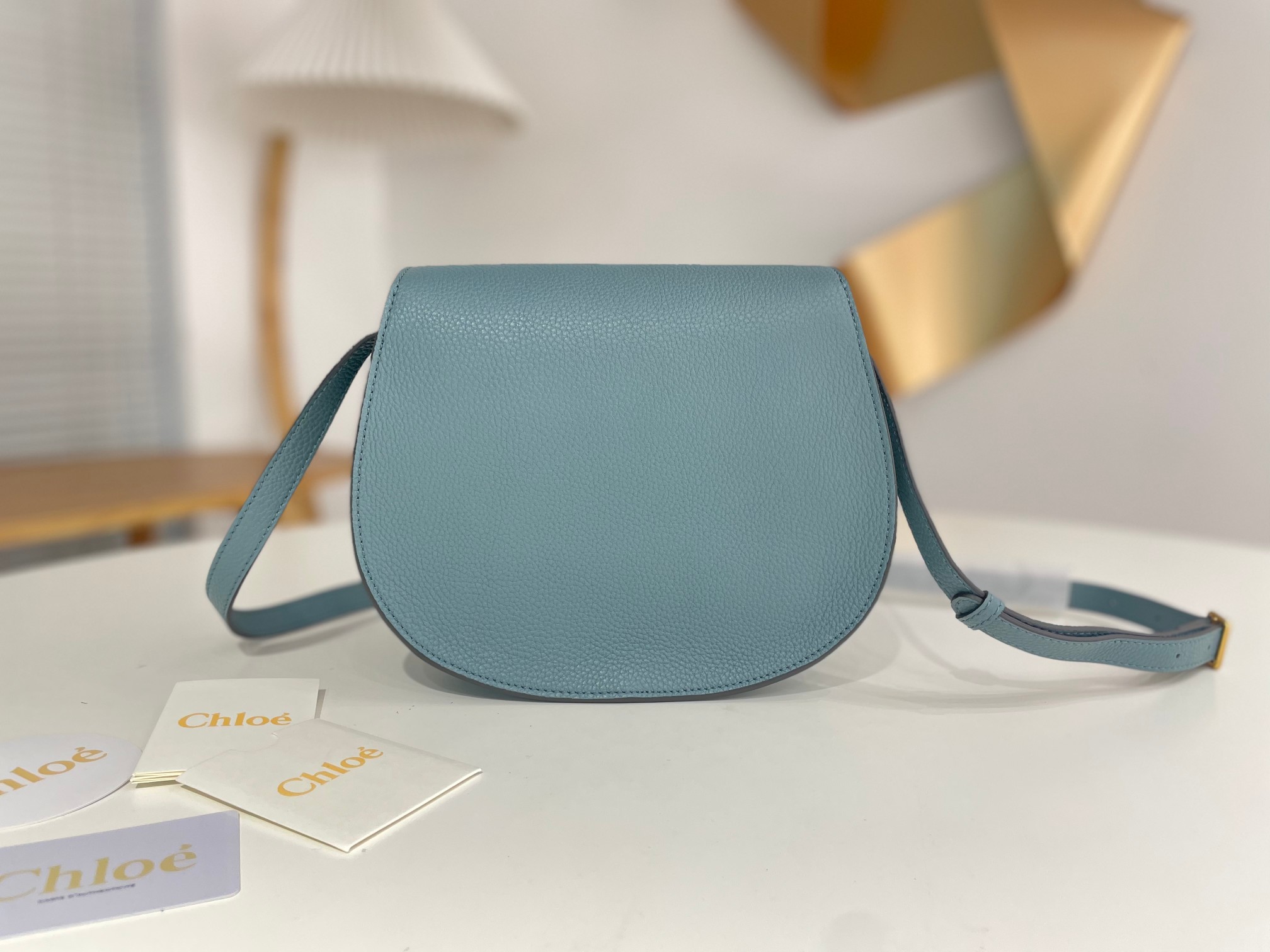 Chloe Marcie Saddle Shoulder Bag In Light Blue Grained Leather